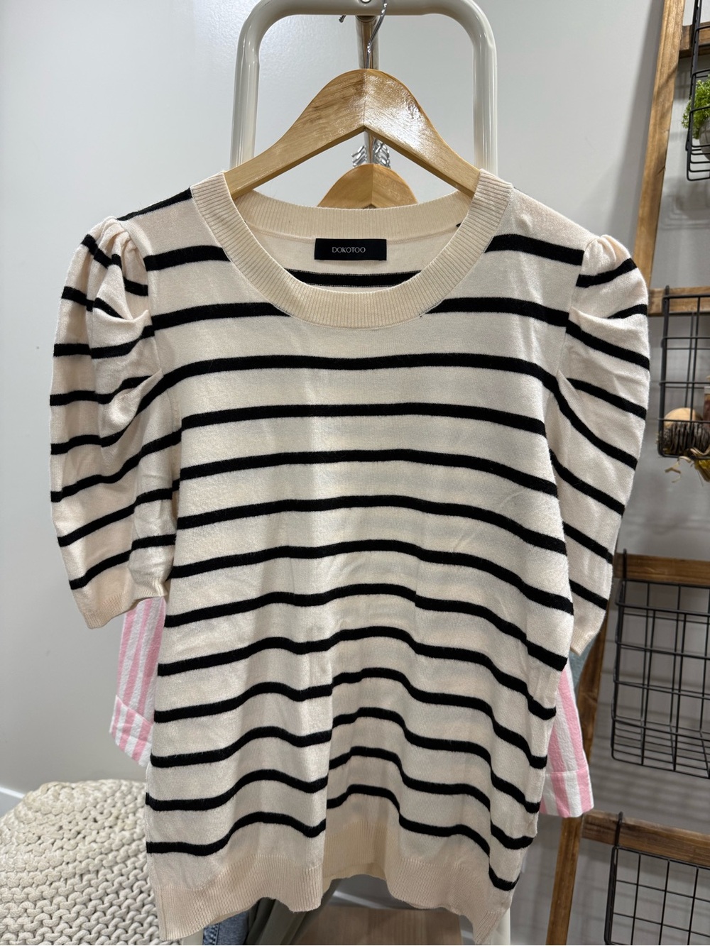 DOKOTOO Cream & Black Striped Puff Sleeve Top